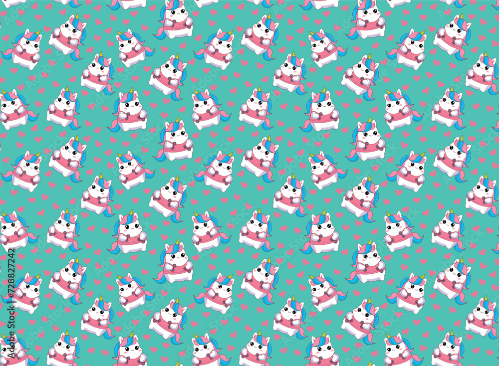 Cute chubby unicorn in the gym doing exercises, with donut vector illustration pattern Cute chubby unicorn in the gym doing exercises, with donut vector illustration pattern