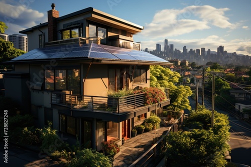 Solar Power from Above: Overhead View of Solar Panels Dotted Across the Rooftops of an Urban Neighborhood, Contributing to Environmental Conservation