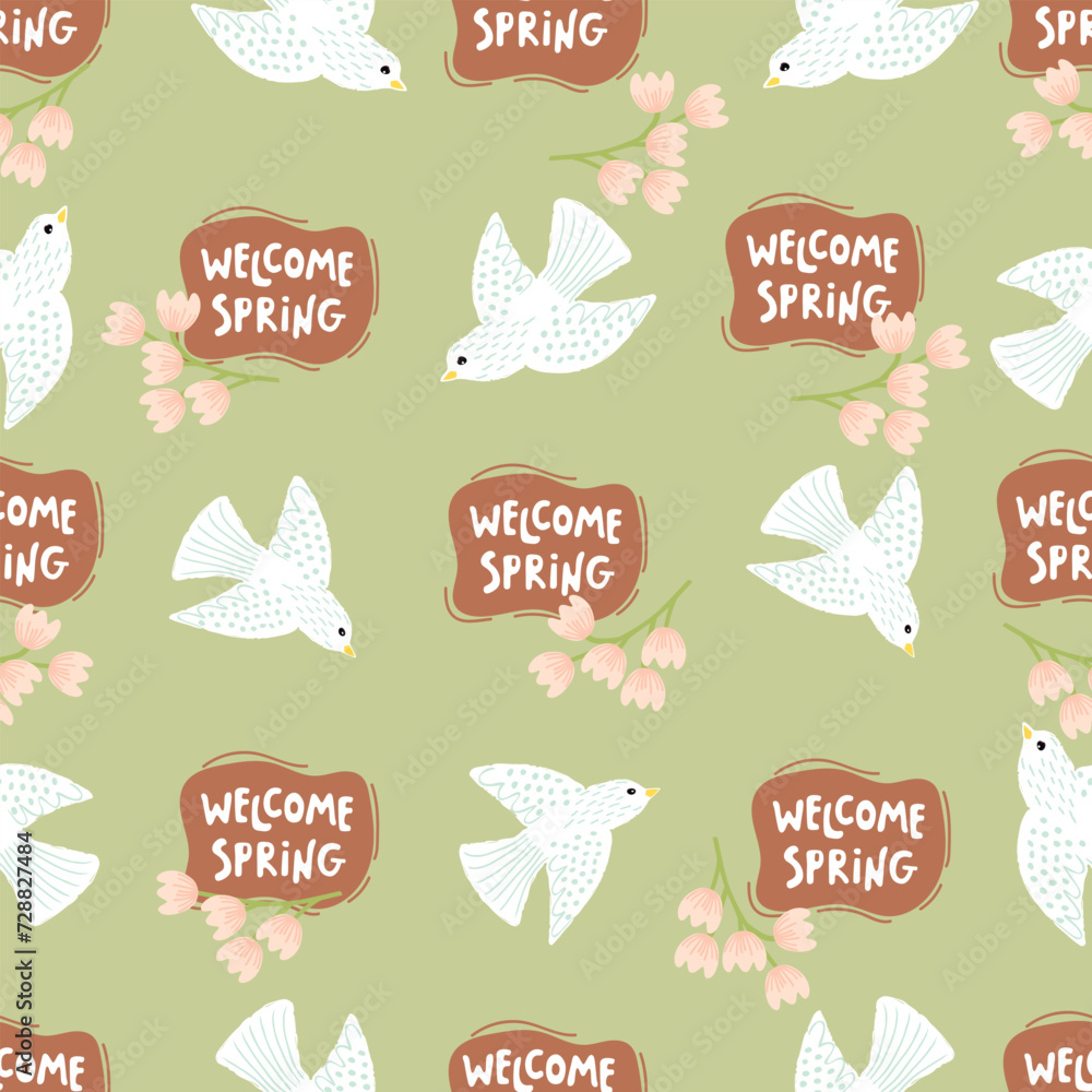 Hand drawn seamless pattern with flying birds, handwritten Welcome Spring and flowers.Abstract background with animals and rough shapes.Pink,brown,blue colors on green.Vector print ,banner template.