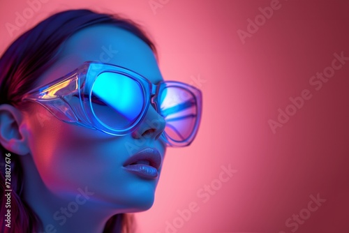 model wearing clear sunglasses, red and cyan image