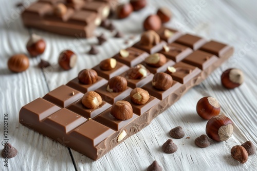 Sweet chocolate bar with hazelnuts on wooden background