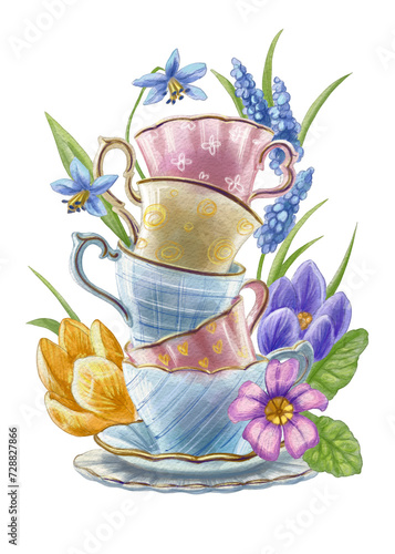 Folded cups decorated with flowers. Tea set made of porcelain cups and saucers. English tea party. For printing on tableware, clothing, tea packaging, cards and invitations. For restaurants and cafes