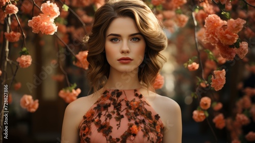 beautiful model in a chic peach dress