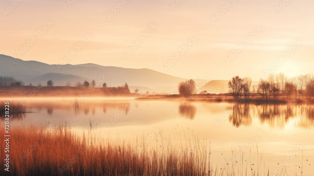 a landscape photo of scenic foothills over a tranquil lake in early spring. Sunrise. Golden color palette