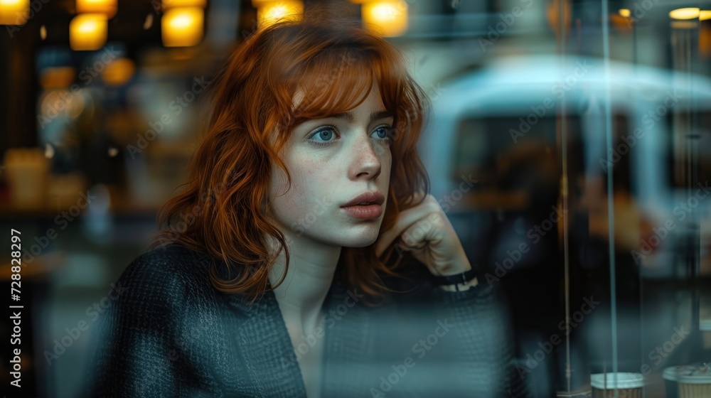 a woman with red hair and blue eyes looking out of a window with a car parked in the street in front of her and a building across the street from her. a woman with red hair and blue eyes looking out of a window with a car parked in the street in front of her and a building across the street from her.