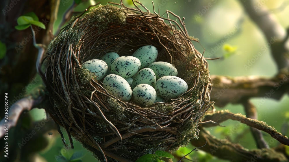 a bird's nest filled with eggs on top of a tree branch next to a green leafy tree in front of a blurry background of green leaves. a bird's nest filled with eggs on top of a tree branch next to a green leafy tree in front of a blurry background of green leaves.