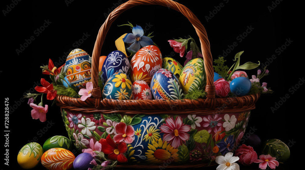 Easter basket filled with hand-painted eggs and candies Easter basket filled with hand-painted eggs and candies