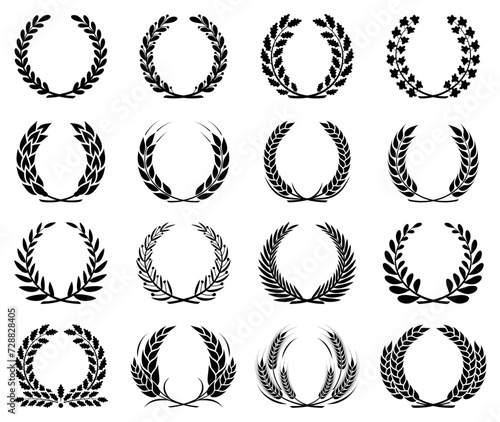 Set of laurel wreaths. Round laurel leaves, wheat, olive and oak wreaths. Logo of victory, achievement, award, coat of arms, heraldry. Isolated black silhouette on white background. Vector photo