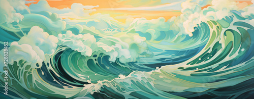 a painting of waves floating on top of each other