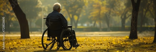 An elderly man or woman, seated in wheelchairs, find solace and companionship in an empty park, sharing a serene moment of togetherness amidst the tranquility of nature photo