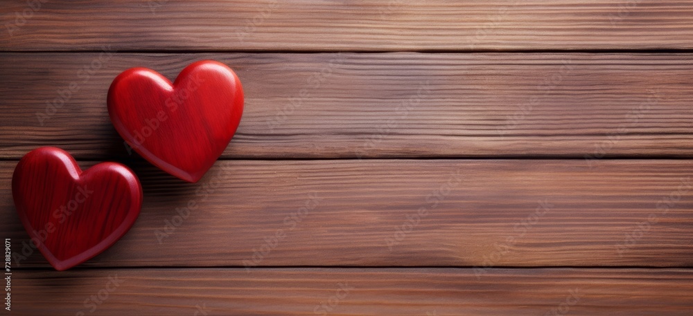 Two red hearts on a rustic wooden background, perfect for Valentine's, anniversaries, and romantic occasions Two red hearts on a rustic wooden background, perfect for Valentine's, anniversaries, and romantic occasions