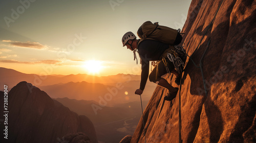 a cinematic photo of a professional photographer on assignment for national geographic. Rock climbing on a steep, jagged rock face with golden hour lighting
