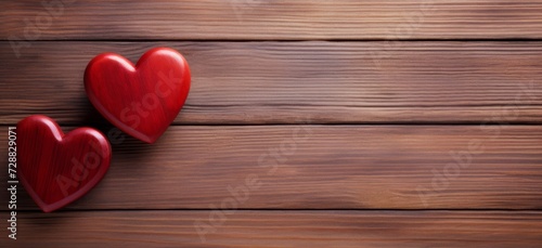 Two red hearts on a rustic wooden background, perfect for Valentine's, anniversaries, and romantic occasions