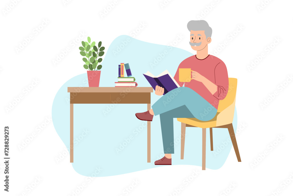 an elderly man sitting in an armchair and reading a book. vector illustration. rest, a pleasant pastime. an elderly man sitting in an armchair and reading a book. vector illustration. rest, a pleasant pastime.