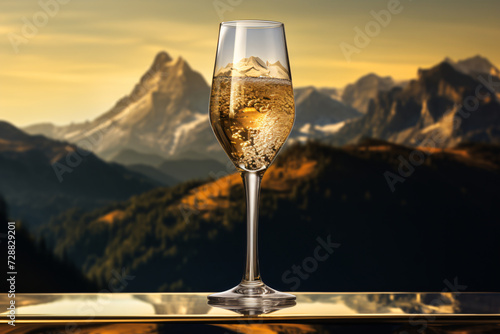 two glasses of champagne on a table in front of a mountain backdrop