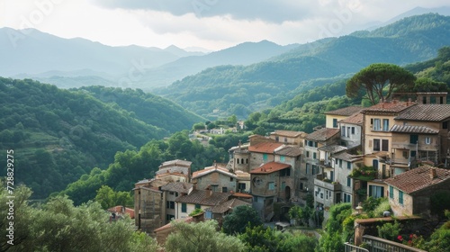  a view of a village in the mountains with a mountain range in the back ground and trees on the other side of the village, with mountains in the background.
