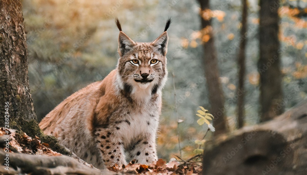 Fototapeta premium A lynx posing in the forest, woods, beautiful cat like animal