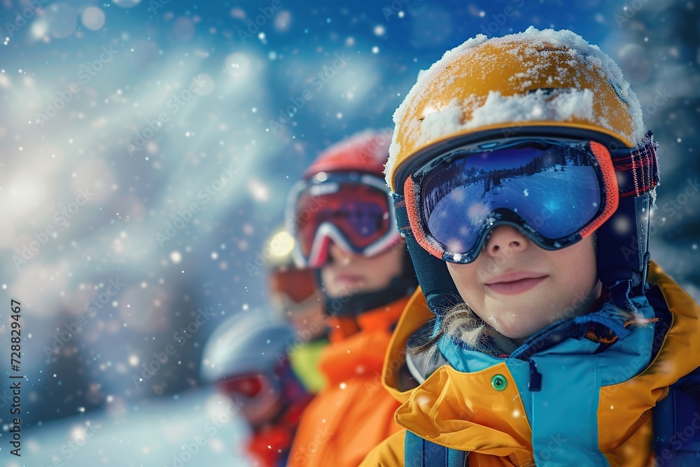 Portrait of children skiing in protective equipment in mountains. Winter sport Portrait of children skiing in protective equipment in mountains. Winter sport