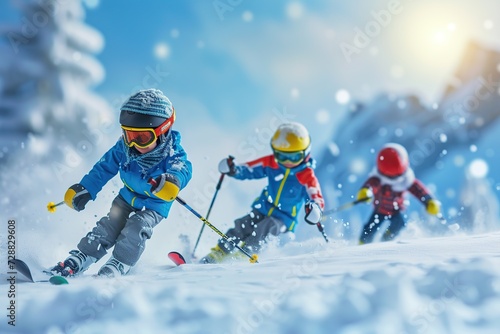 Portrait of children skiing in protective equipment in mountains. Winter sport