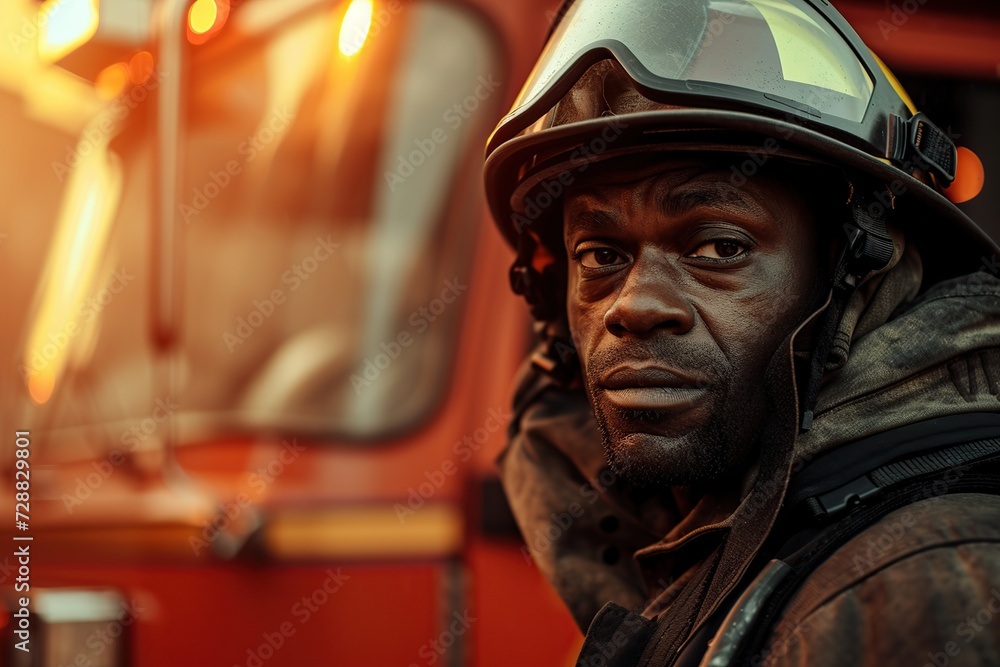 Portrait of african american firefighter man in uniform and helmet standing near fire engine