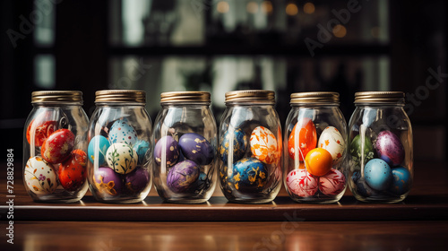 Decorated Easter eggs displayed in a glass jar