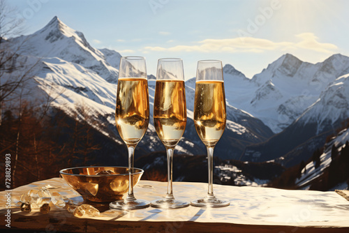 two glasses of champagne on a table in front of a mountain backdrop