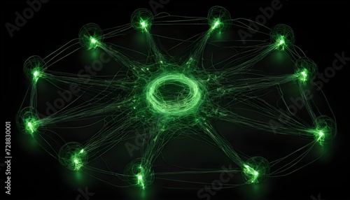 Picture of a whirling, luminous green network of connections over a dark background