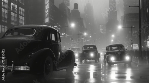 Atmospheric Black and White Representation of a Mid-20th Century New York Style Cityscape with Hazy Light photo