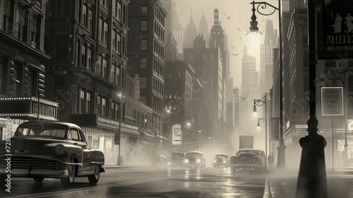 Atmospheric Black and White Representation of a Mid-20th Century New York Style Cityscape with Hazy Light photo
