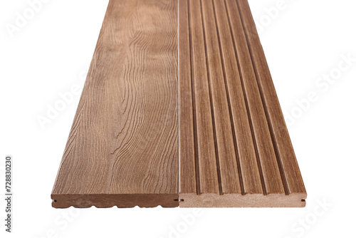 Fotografie Colored Wood plastic composite patio decking boards isolated on white background