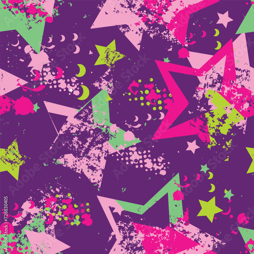 Abstract seamless Grunge stars pattern for girl sport textile, clothes, wrapping paper. purple background with grunge stars in pink, blue and green colors.  Textured colorful repeat print.