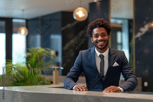Young african american man receptionist standing in hotel lobby near the counter