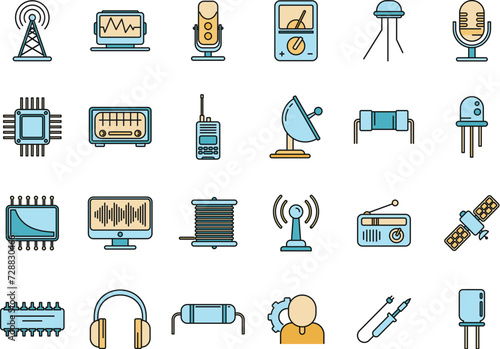 Radio engineer tool icons set. Outline set of radio engineer tool vector icons thin line color flat on white
