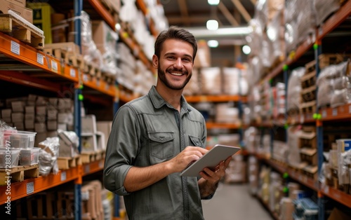 Cheerful Male Salesman With Tablet in Hardware Store Warehouse photo