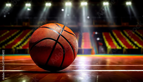 BOLA DE BASQUETEBOL EM ARENA OU GINÁSIO EM UM DIA DE JOGO DE UM CAMPEONATO IMPORTANTE photo