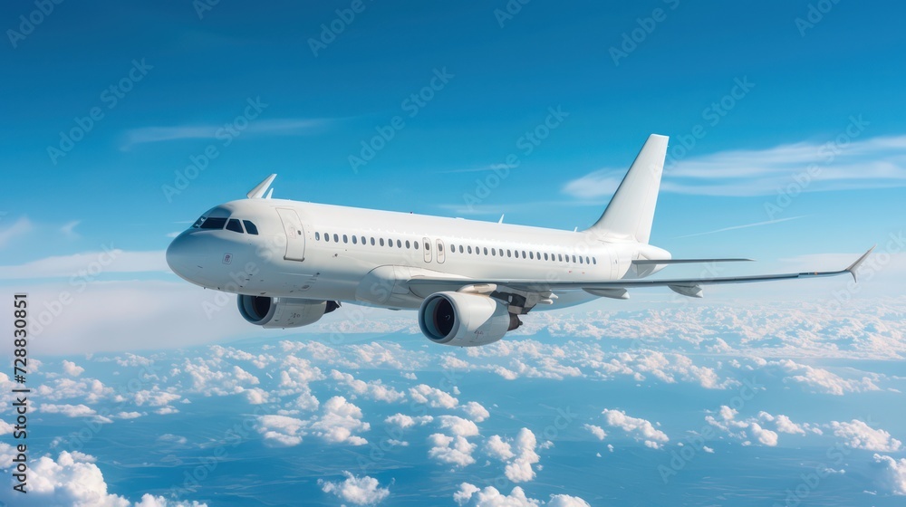 A white commercial aircraft flying high above. A white commercial aircraft flying high above.