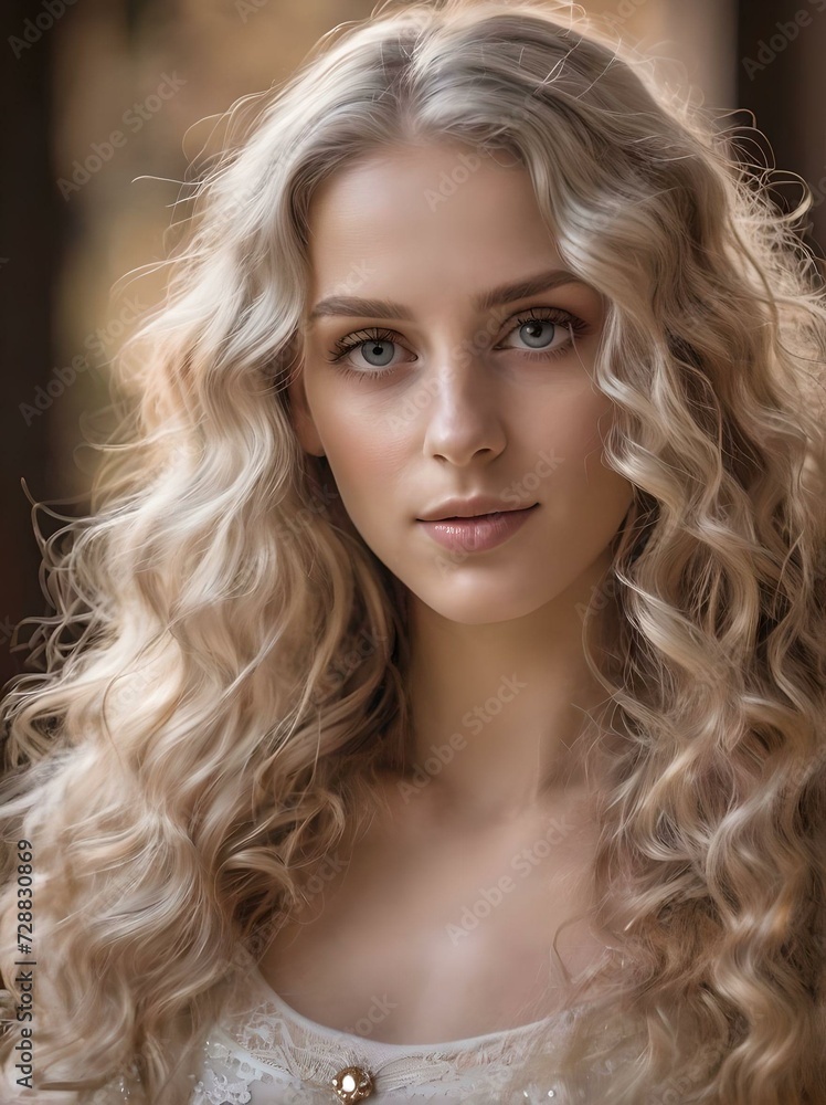 woman with long light golden fair flaxen white curly hair and round chestnut brown eyes. woman with long light golden fair flaxen white curly hair and round chestnut brown eyes.