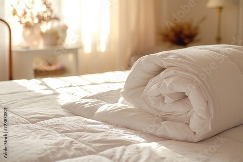 White Folded Duvet on Bed in Softly Lit Bedroom Preparing for Winter Season