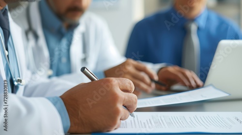 Doctor Consulting with Patient Over Medical Documents in Clinic