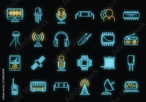 Radio engineer tool icons set. Outline set of radio engineer tool vector icons neon color on black