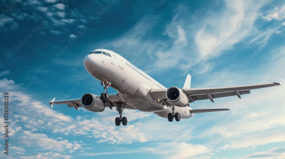 A white commercial aircraft flying high above.
