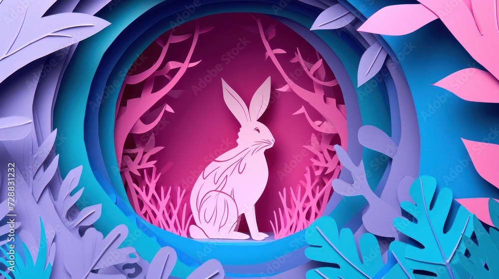 Obraz premium a paper cut of a rabbit sitting in the middle of a forest with leaves and flowers on the sides of the paper cut of a rabbit sitting in the middle of the forest.