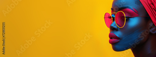Portrait of an African woman with crazy lipstick and glasses isolated on yellow background