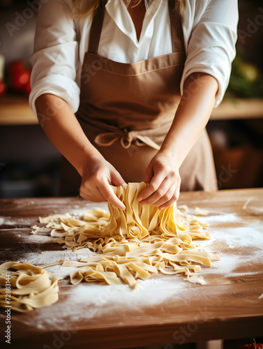 Close up of woman's hands making fresh pasta, wooden kitchen table and blurry background 
