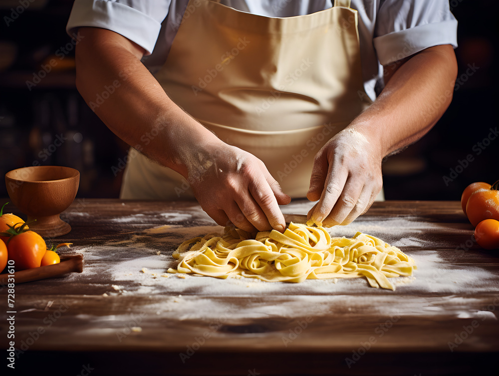 Close up of woman's hands making fresh pasta, wooden kitchen table and blurry background Close up of woman's hands making fresh pasta, wooden kitchen table and blurry background