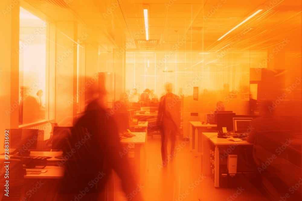 Dynamic Scene of a Vibrant Modern Office with Motion Blur of Walking Employees