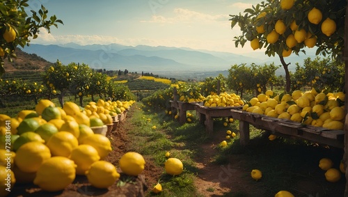 A natural lemon farm with a very picturesque view and a wonderful view with yellow lemons and lemon juice