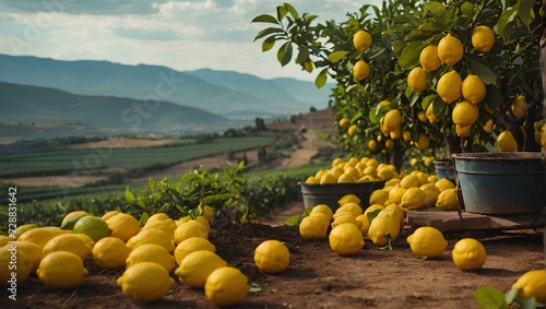 A natural lemon farm with a very picturesque view and a wonderful view with yellow lemons and lemon juice