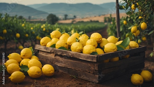 A natural lemon farm with a very picturesque view and a wonderful view with yellow lemons and lemon juice