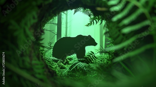  a bear standing in the middle of a forest filled with green plants and a fern covered forest behind it is a silhouette of a bear in the middle of the forest. © Anna